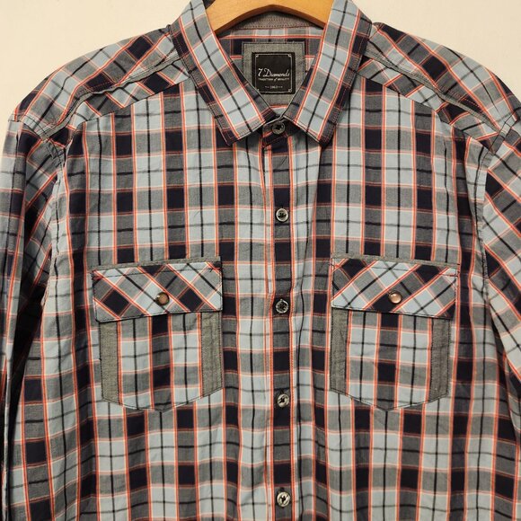 7 Diamonds Western Shirt Cowboy Button‎ Up Blue Plaid Cotton Mens Large - Picture 6 of 16
